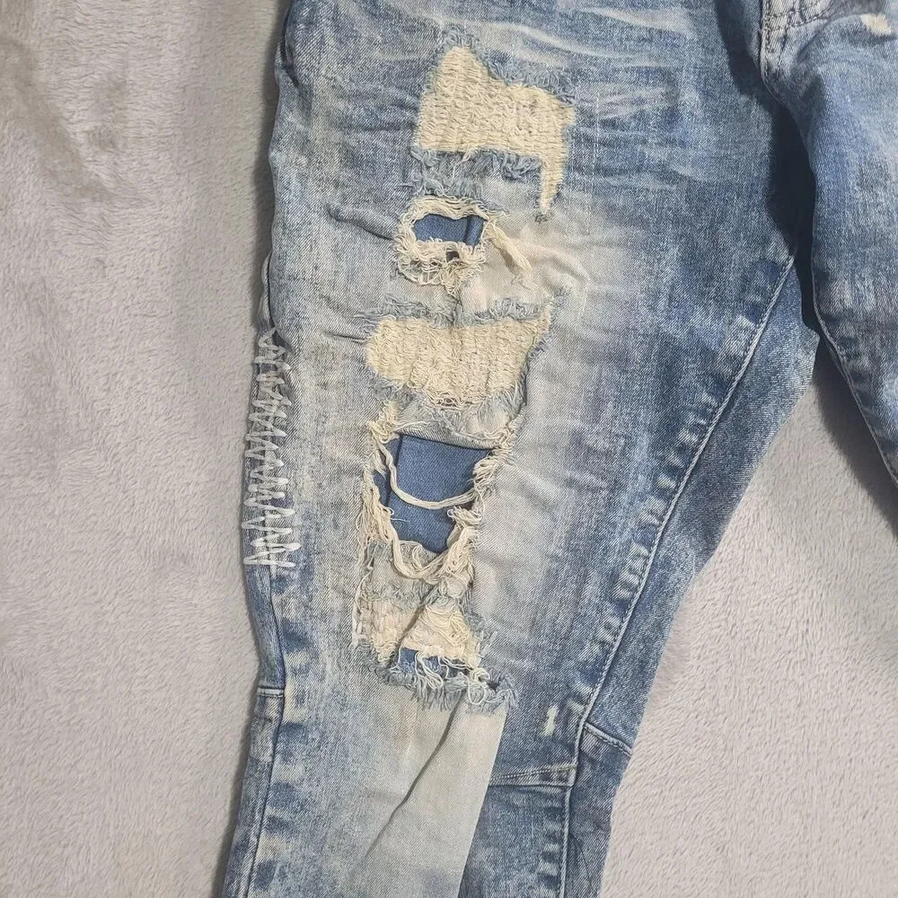 Smoke Rise Jeans Mens 38x34 Blue Light Wash Distressed Ripped Tapered Denim